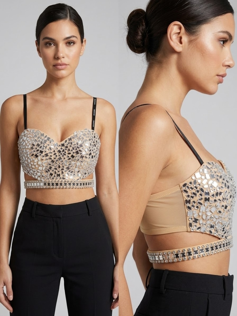 Marciano Nude Sequin Mirrored Bustier Crop Top